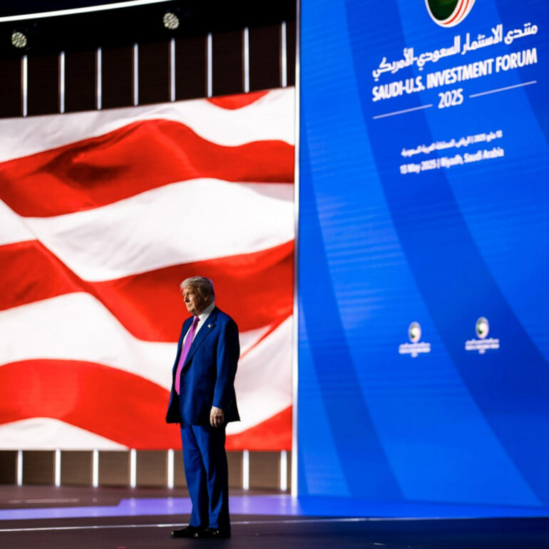 President Trump prepares to present his speech in Riyadh, the Saudi Arabian capitol.